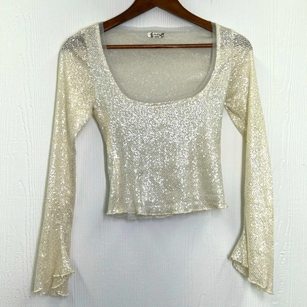 Free People - Late Night Disco Ivory Silver Sequins Embellishment Crop Blouse XS